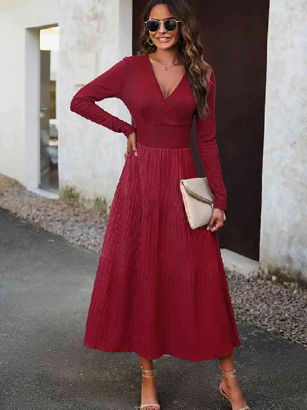 Surplice Neck Long Sleeve Smocked Waist Midi Dress