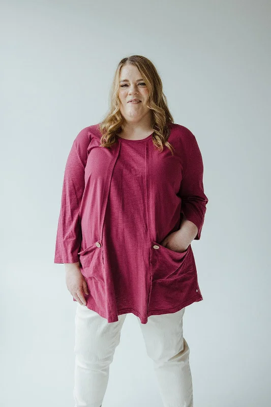 3/4 SLEEVE RAW SEAM TUNIC WITH POCKETS IN CRANBERRY