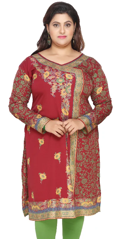 India Tunic Long Top Kurti Womens Plus Size Clothes (Red)