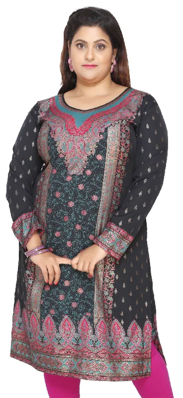 Indian Tunics Kurti Long Top Womens Plus Size Apparel (Black)