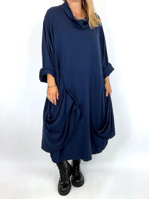 Made in Italy Lagenlook Saints Cowl Neck Plain Tunic in Navy Blue. code 91988