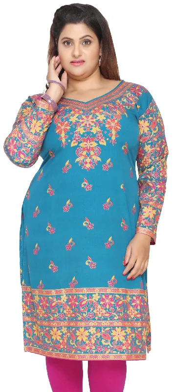 Plus Size Womens Indian Tunics Kurti Long Top Apparel (Blue)