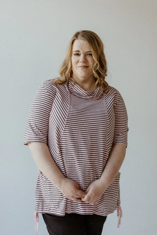 STRIPED COWL NECK SHORT SLEEVE TUNIC IN DAISY MIST