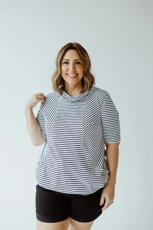 STRIPED COWL NECK SHORT SLEEVE TUNIC IN OFF-WHITE