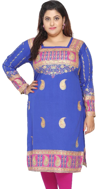 Womens Indian Tunics Kurti Long Top Plus Size Apparel (Blue)