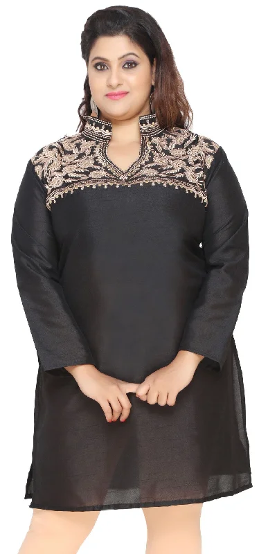 Women's Poly Silk Indian Tunics Kurti Long Top Embroidered Plus Size (Black)