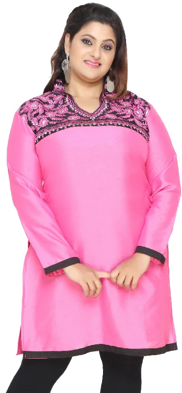 Women's Poly Silk Indian Tunics Kurti Long Top Embroidered Plus Size (Pink)