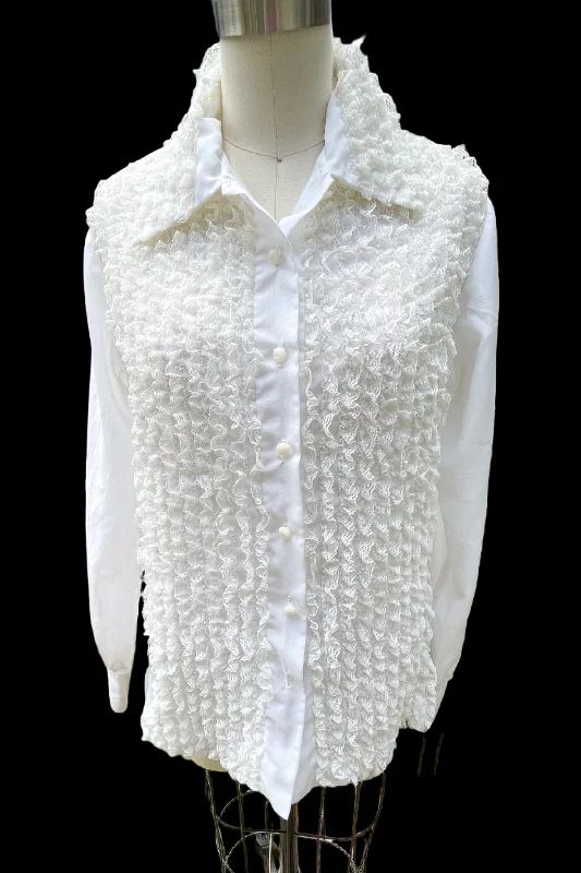 Vintage 70s White Lace Blouse Tunic, Tuxedo Style Ruffle Blouse Lady Arrow