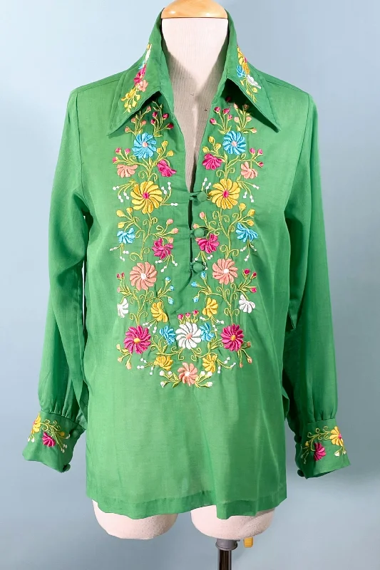 Vintage Green Embroidered Blouse, Hippie Boho Tunic Top M